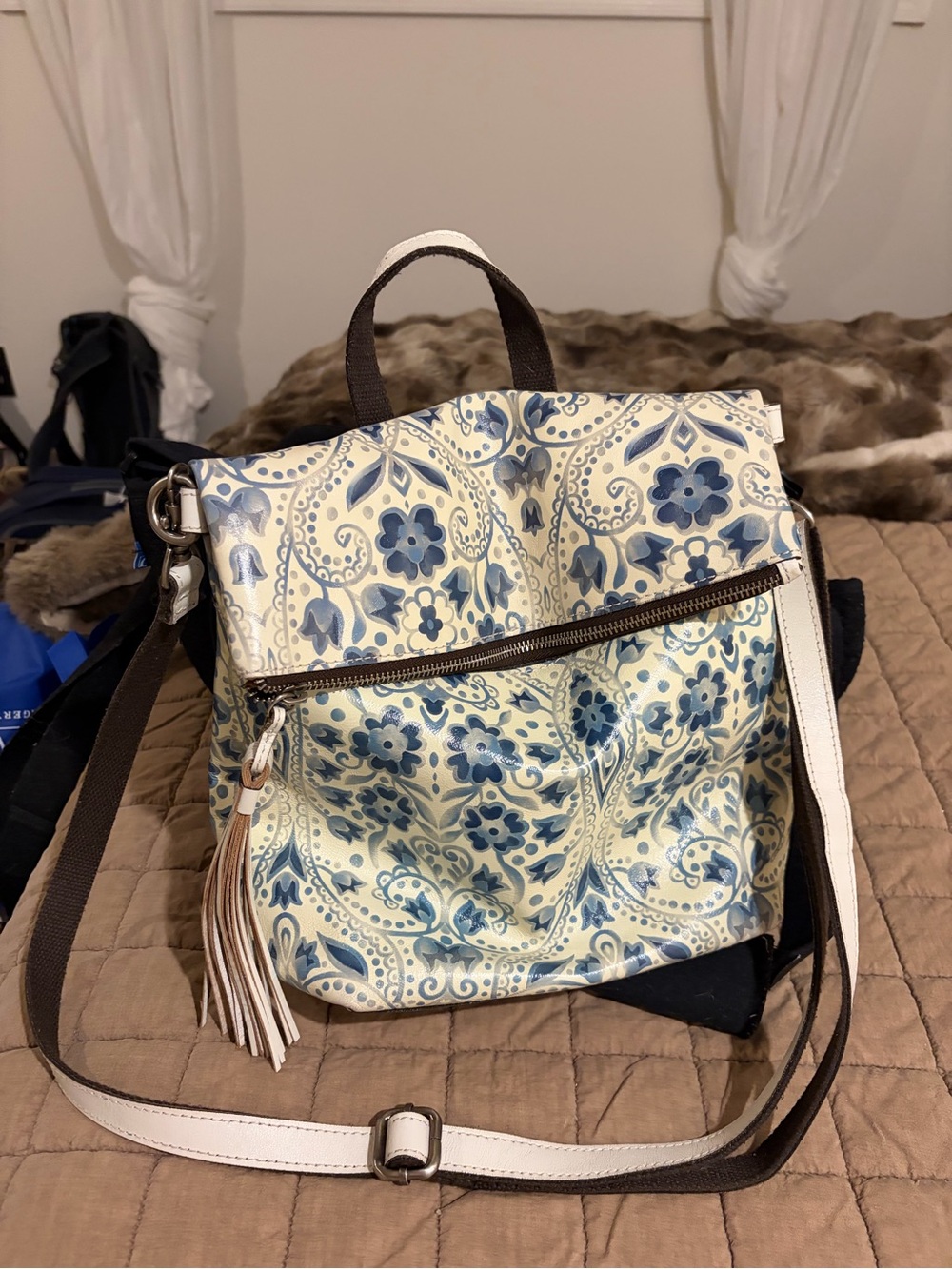 Blue Floral Crossbody Tote Bag with Tassel